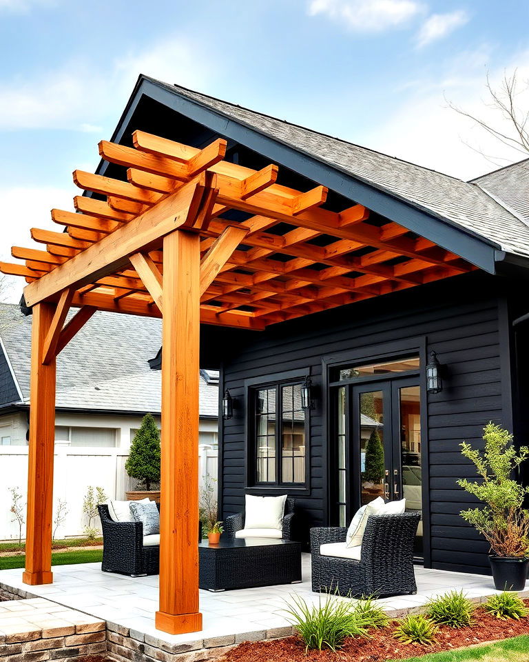 cedar pergola against a matte black exterior