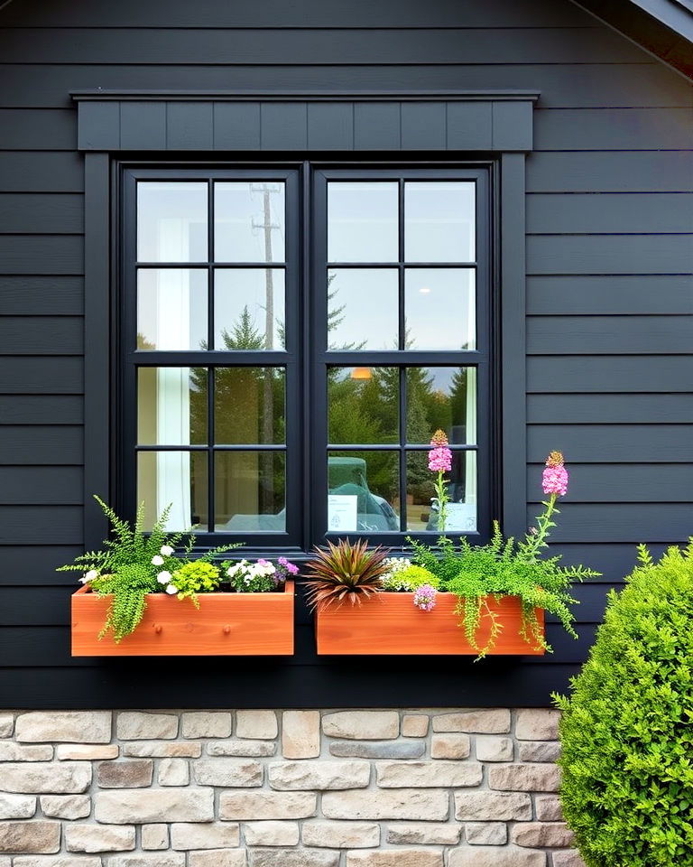 cedar window boxes on a black house