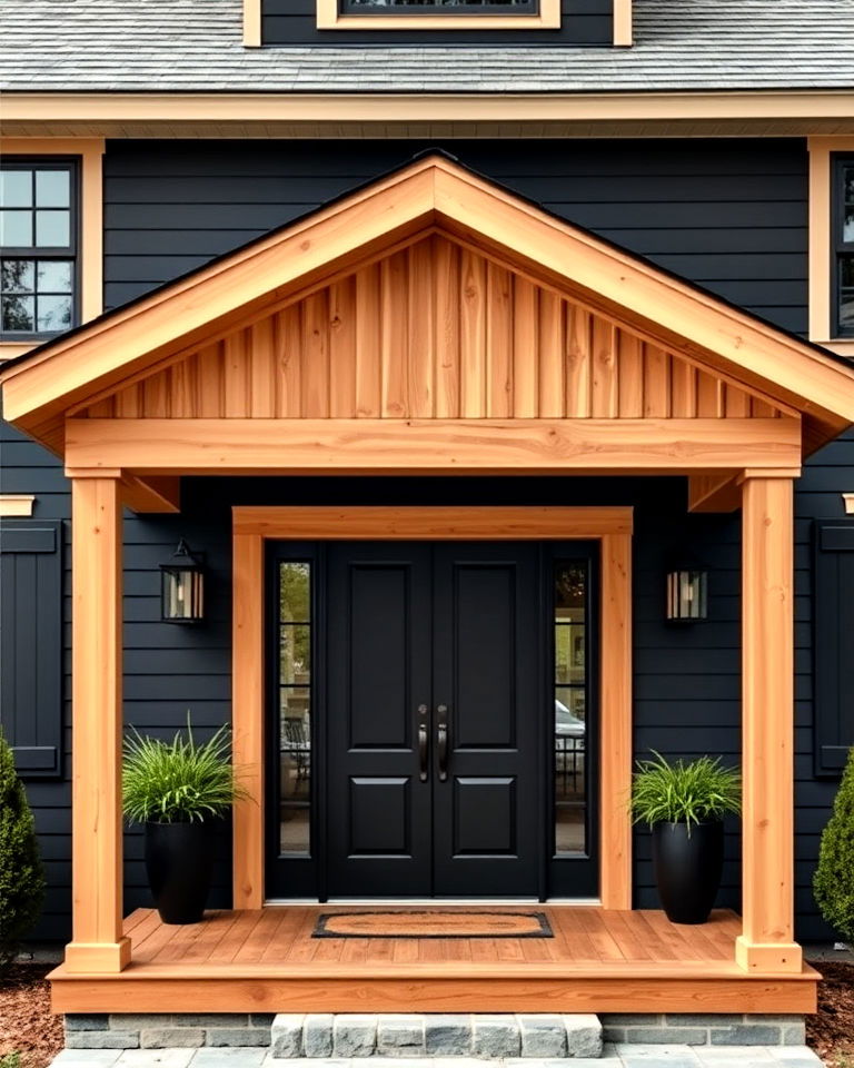 cedar wrapped front porch against black walls