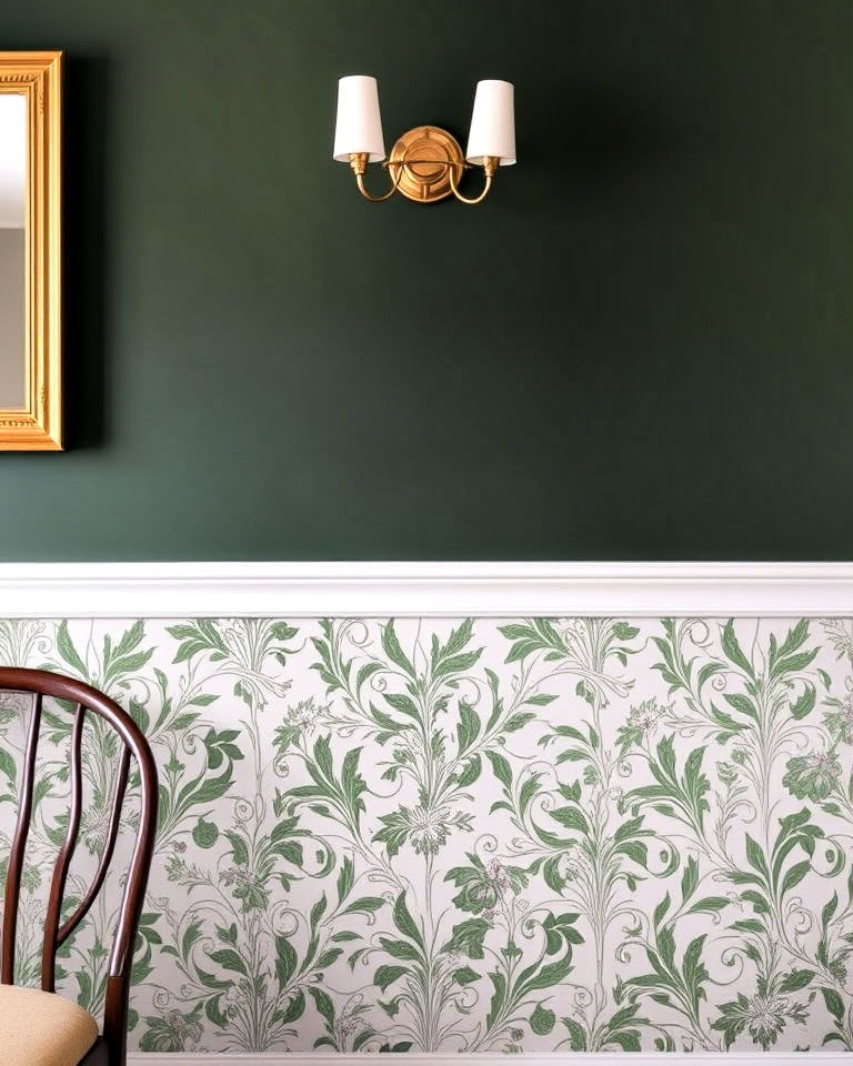 chair rail with charming wallpaper below