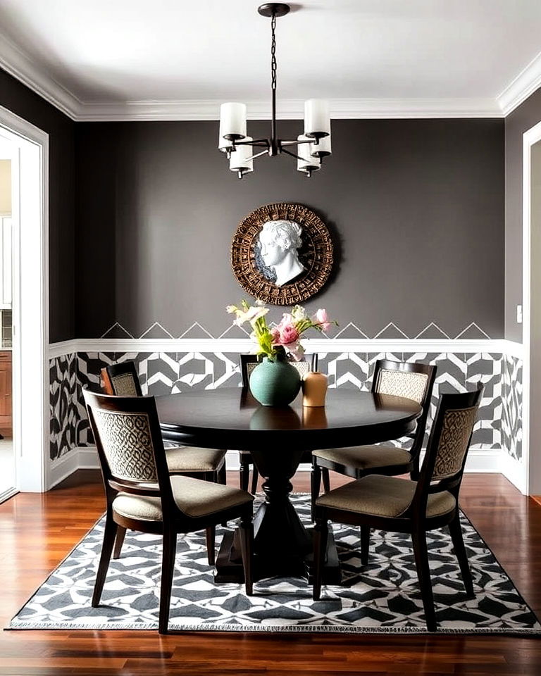 chair rail with modern geometric wallpaper