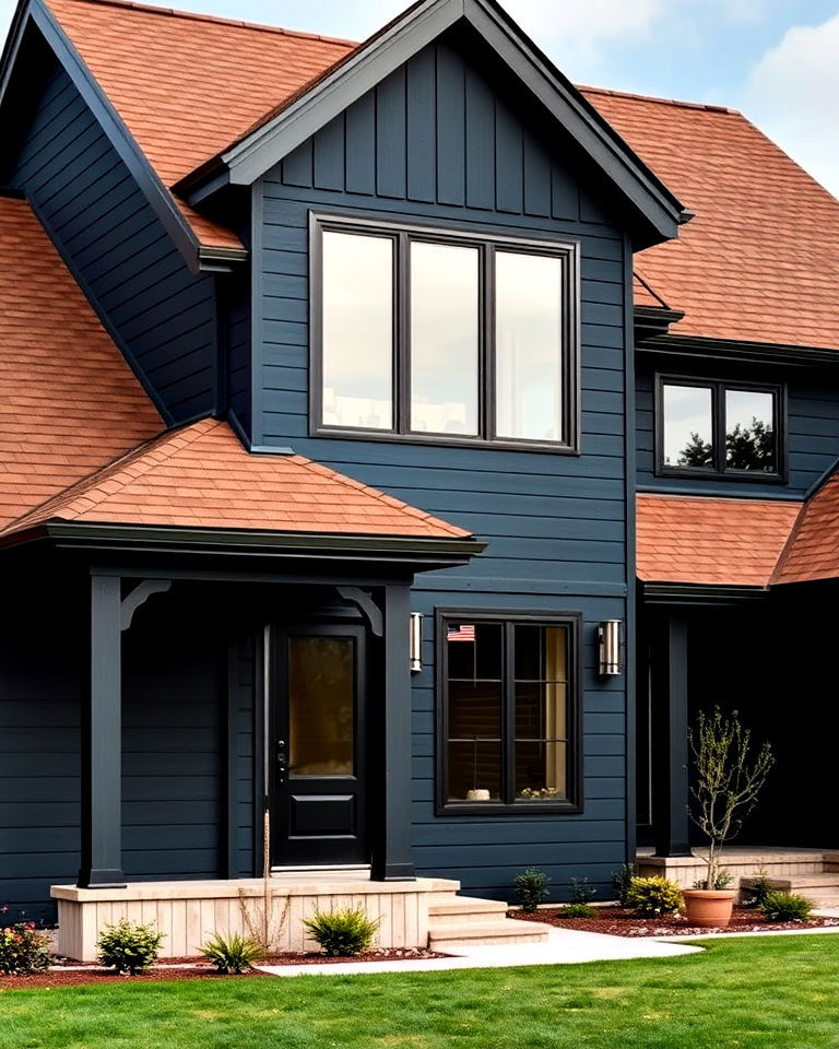 charcoal blue house with chocolate brown roofing