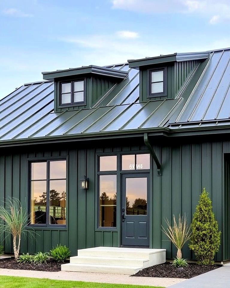 charcoal green exterior with a sleek metal roof
