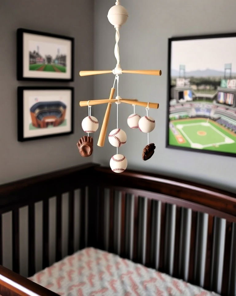 charming baseball bat crib mobile