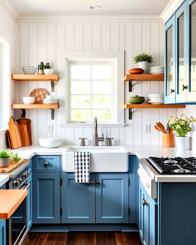 charming white beadboard walls with blue cabinets