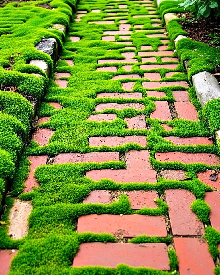 charming wide brick pathway with moss filled gaps