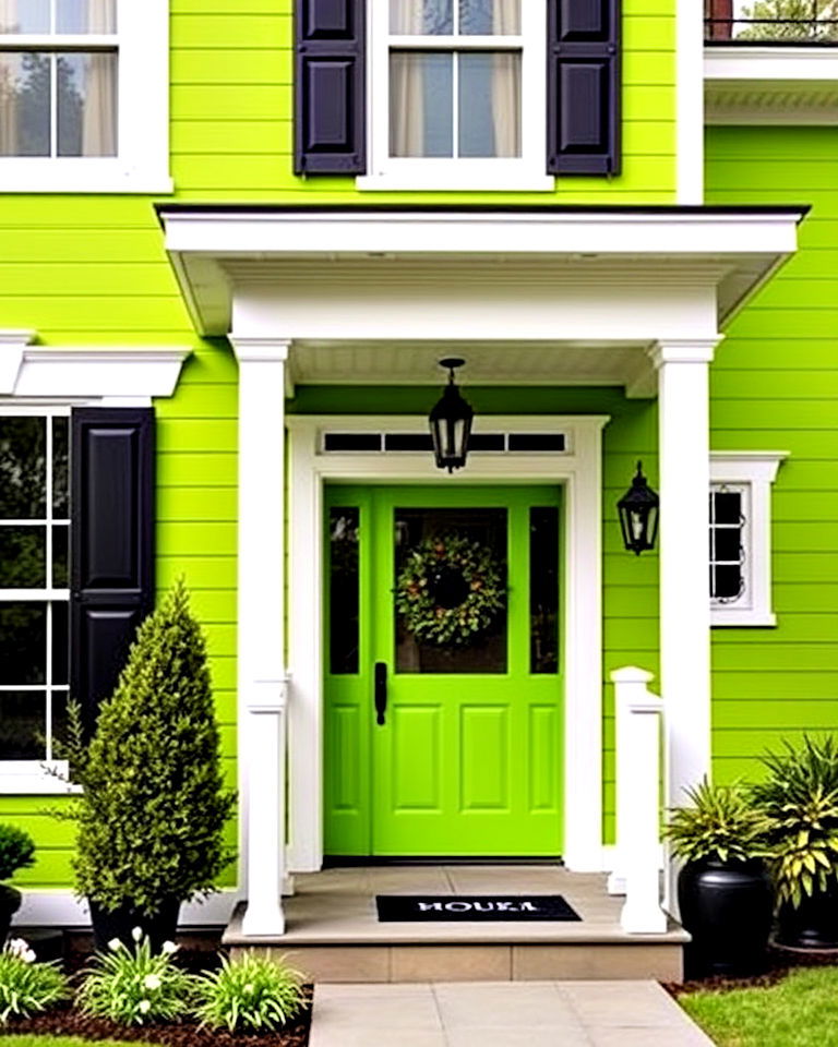 chartreuse green farmhouse exterior with black and white accents