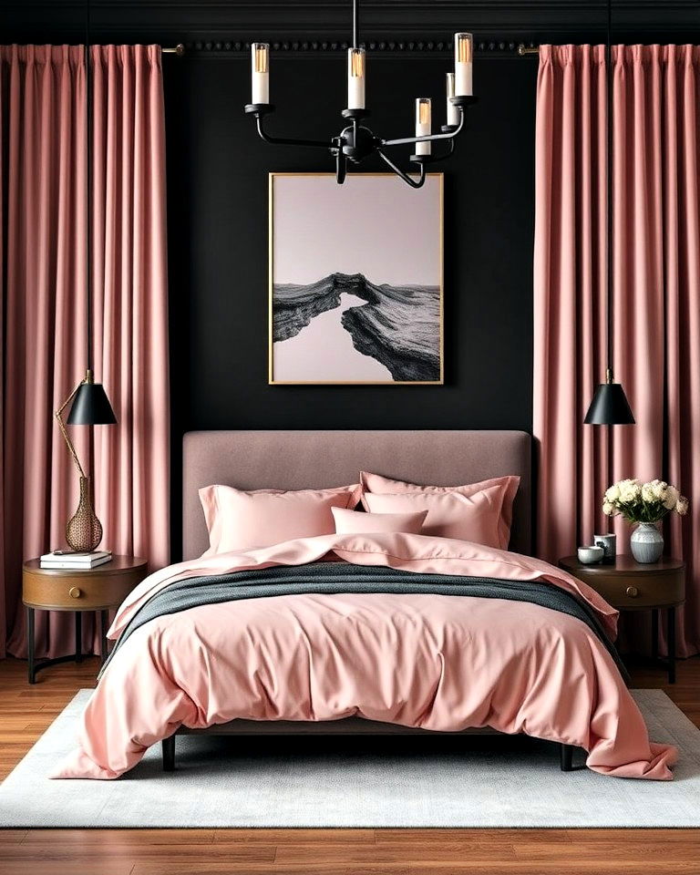 chic and cozy charcoal and blush pink bedroom