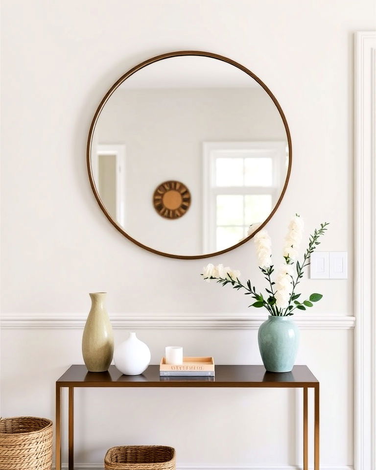 circular mirror over a console