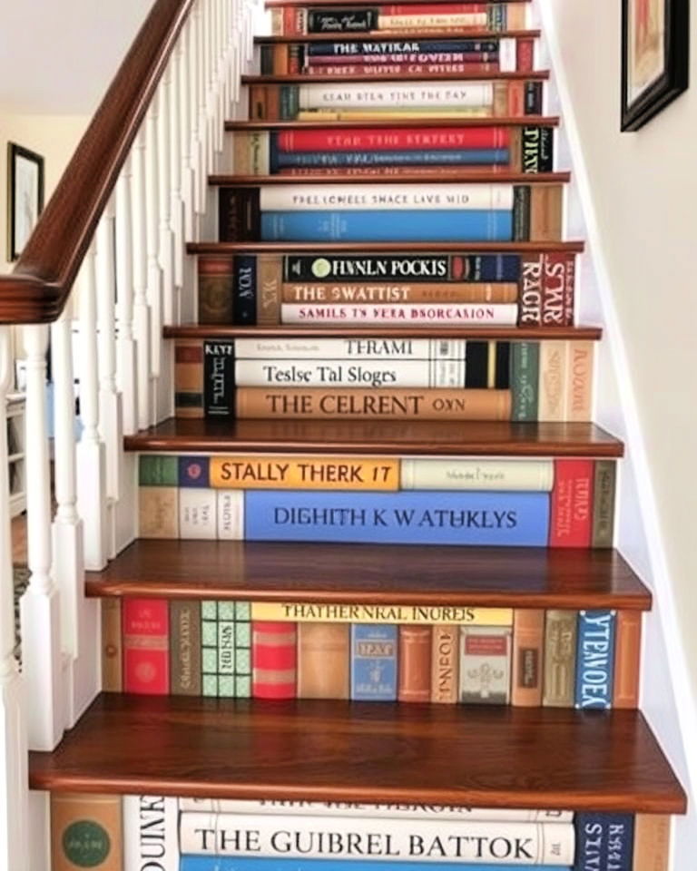 classic and unique book spine inspired stair risers