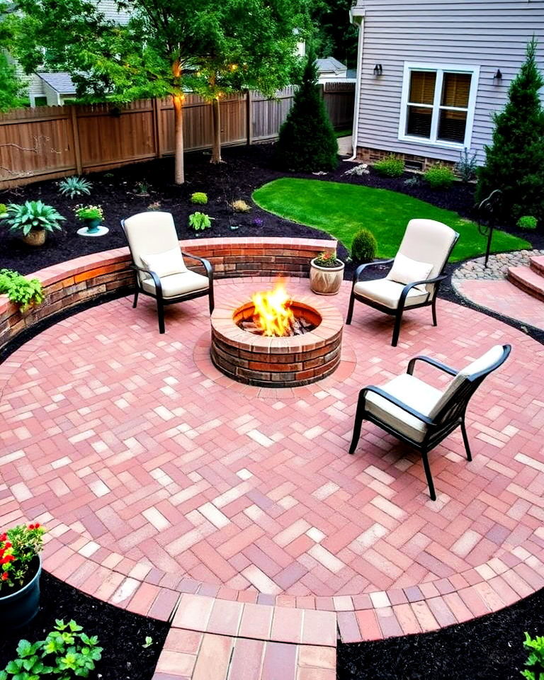 classic brick patio surrounding a fire pit