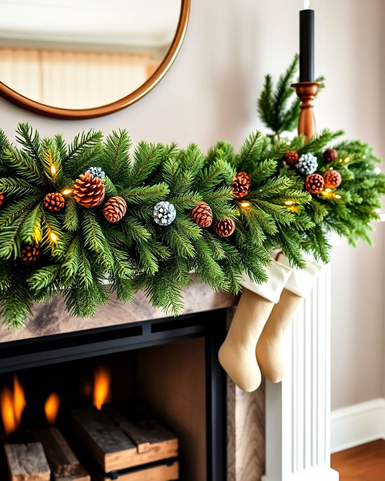 classic evergreen garland with pinecones