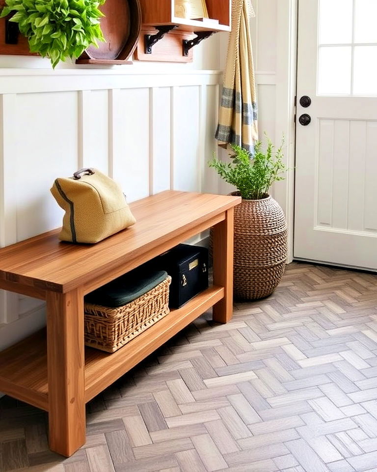 classic herringbone patterned mudroom floor