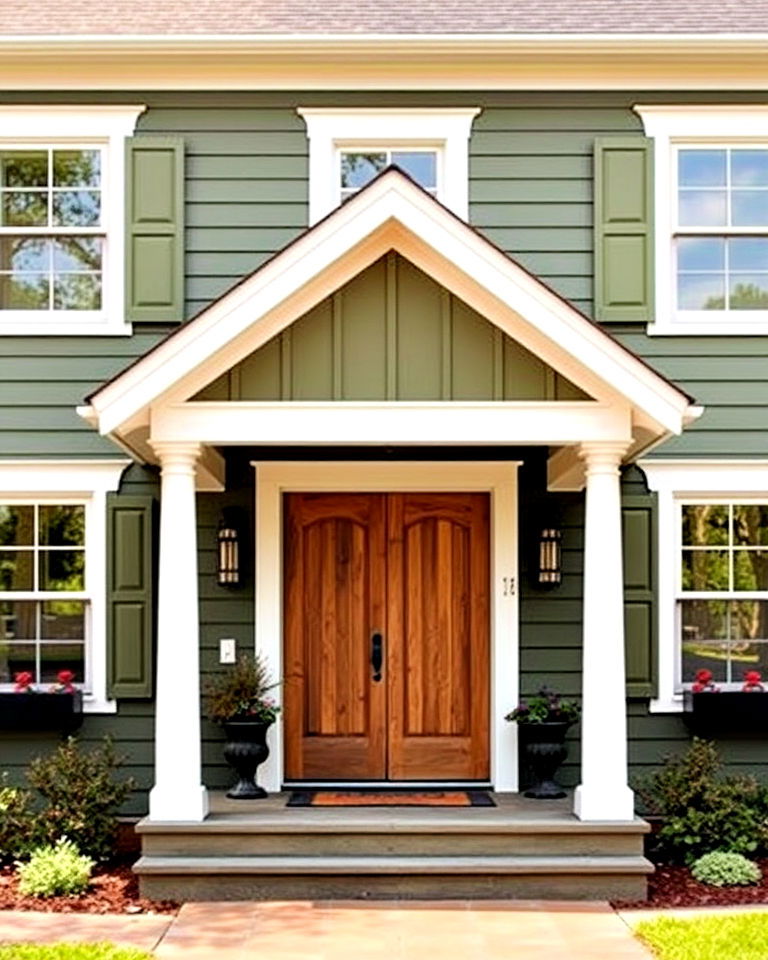 classic olive green farmhouse exterior with white trim