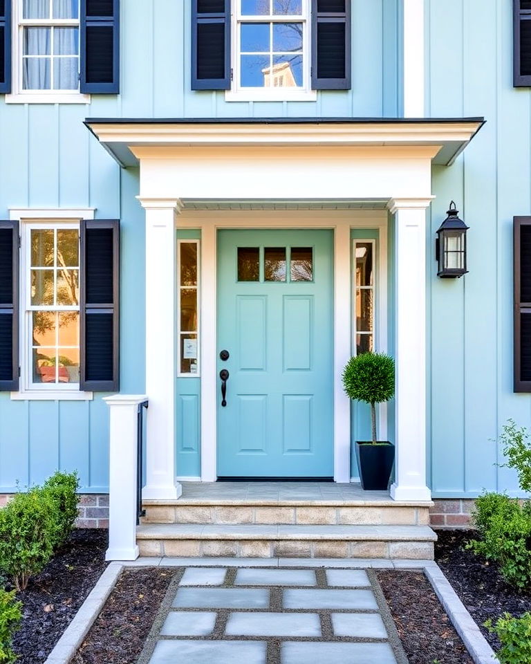 classic robin’s egg blue with black shutters