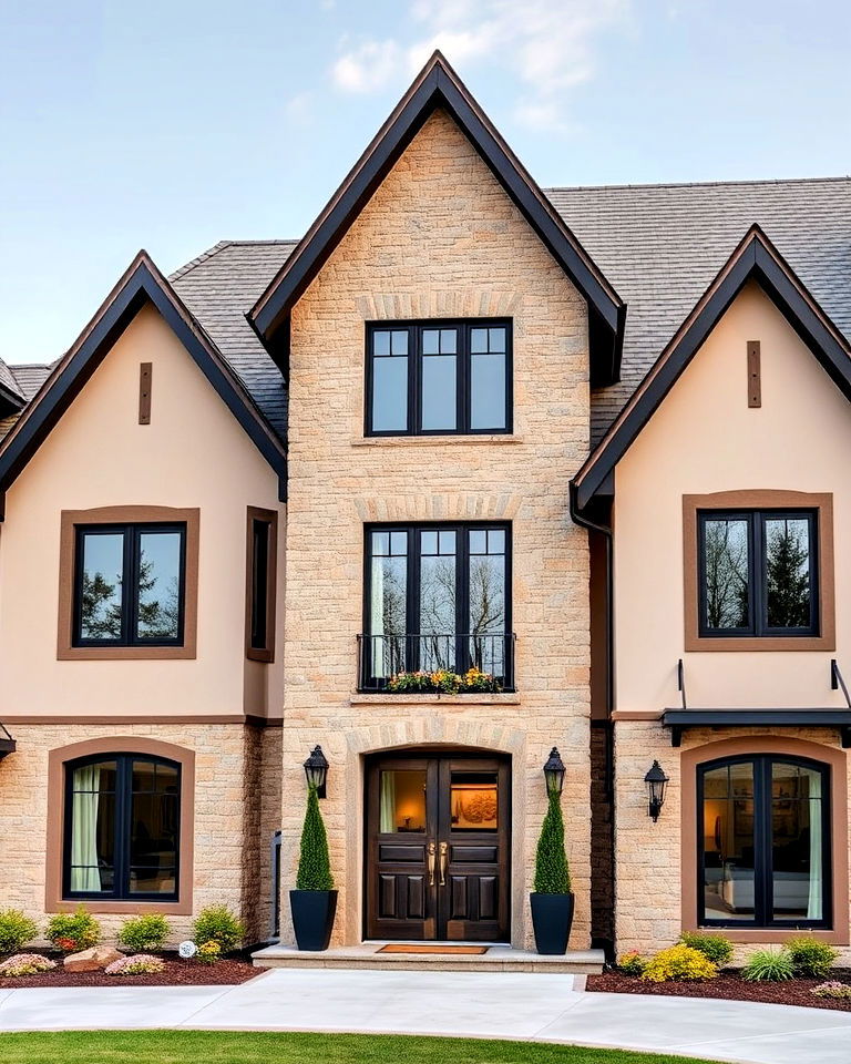 classic rustic modern tudor with natural stone
