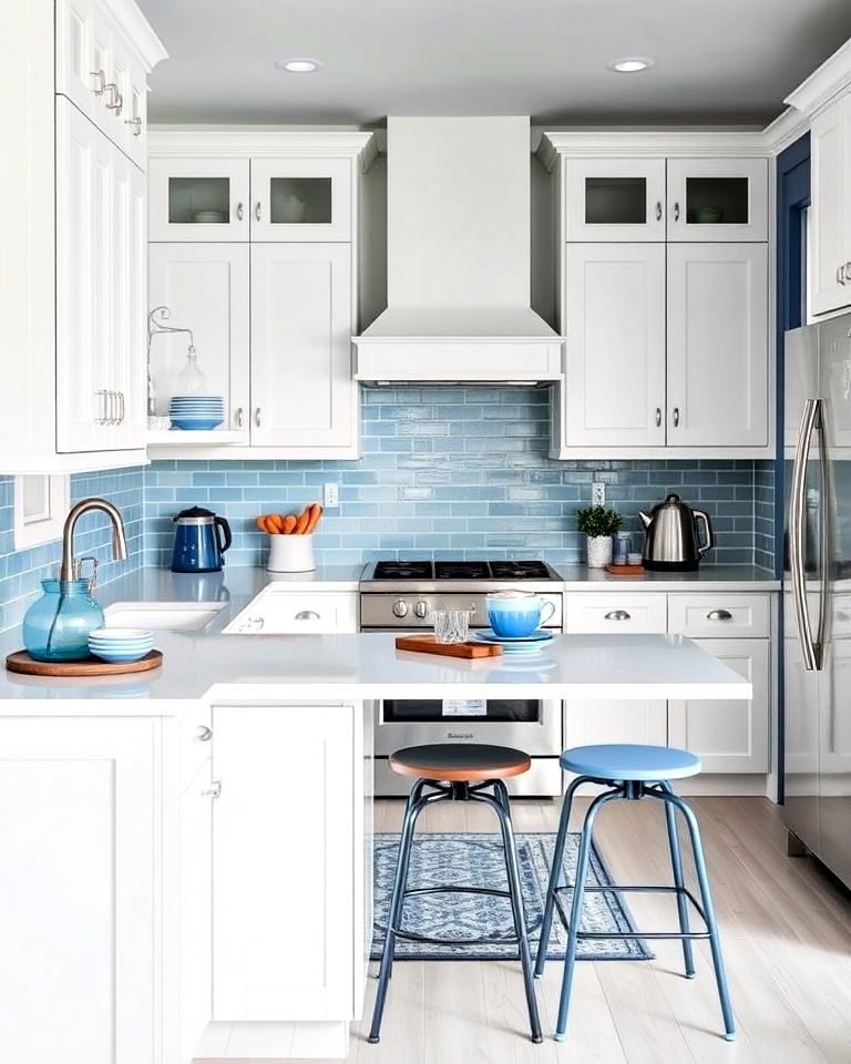 classic white kitchen cabinets with blue accents