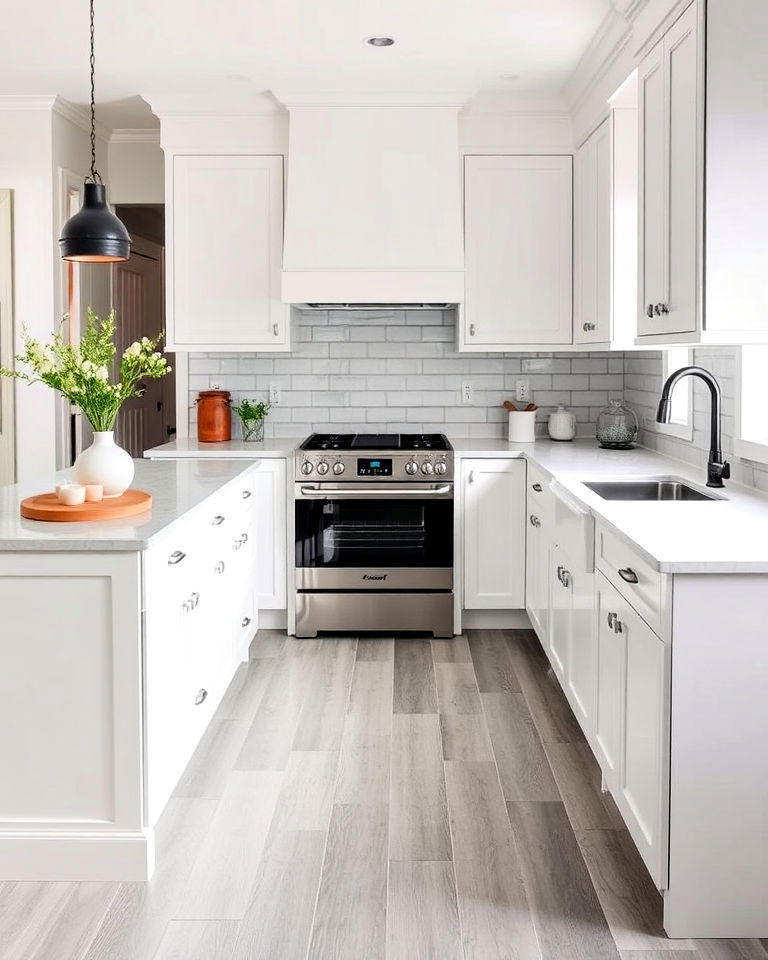 classic white kitchen with subtle grey flooring