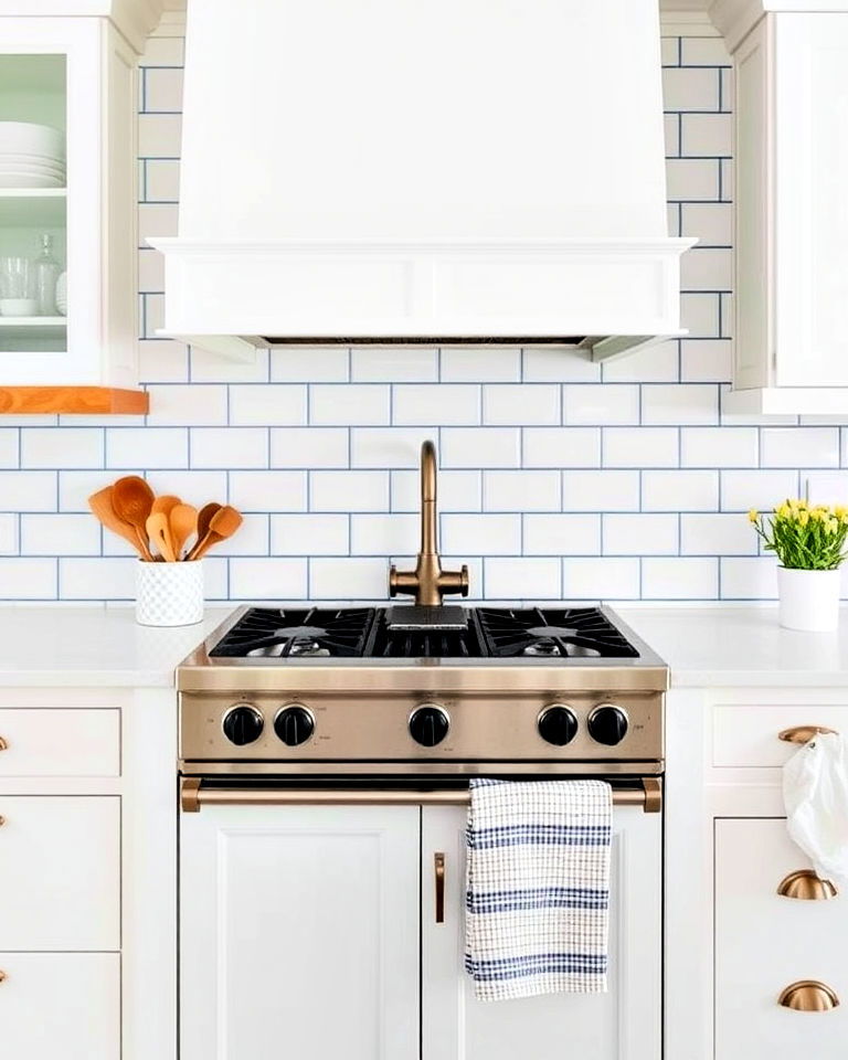 classic white tile kitchen backsplash with blue grout