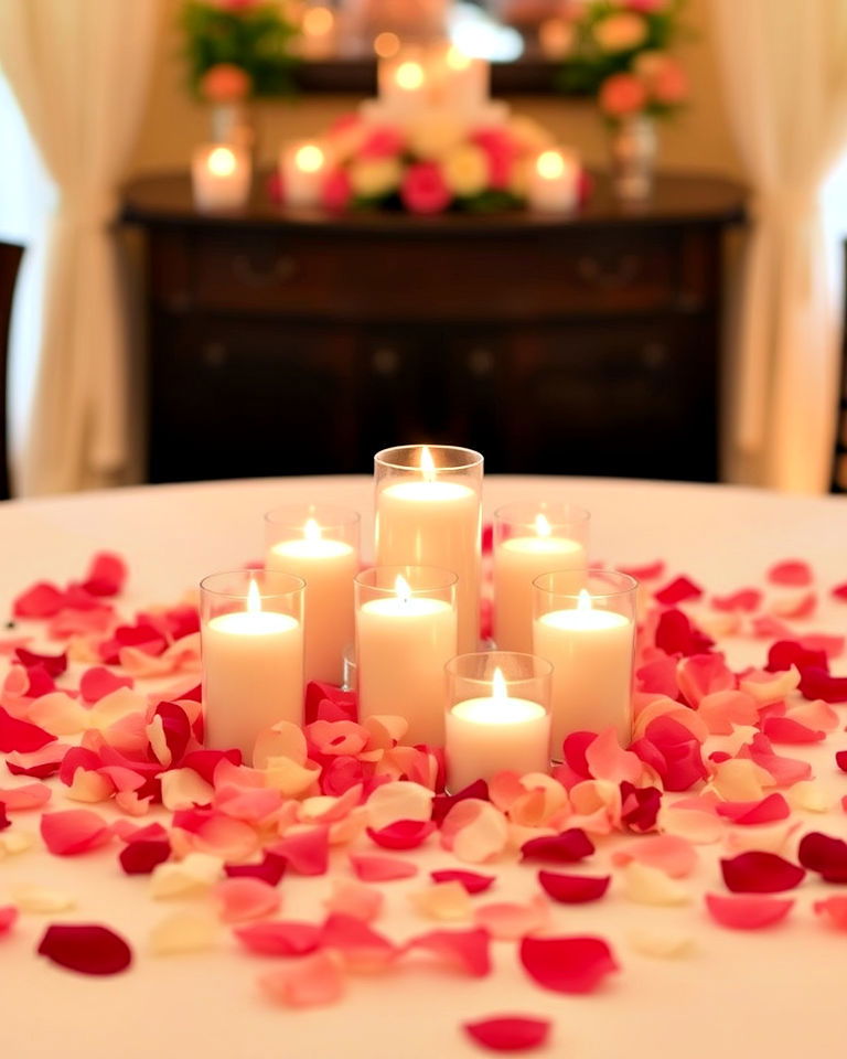 clustered votives with rose petals
