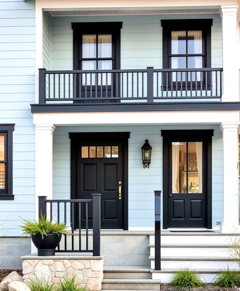 coastal blue house with matte black details