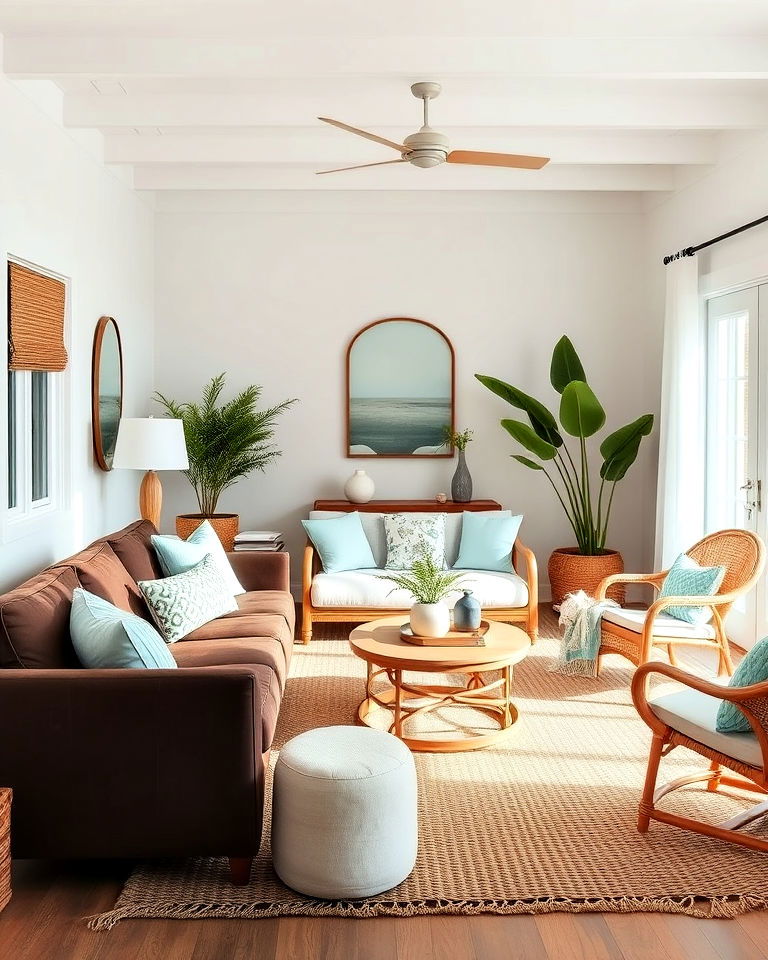 coastal boho living room with brown couch