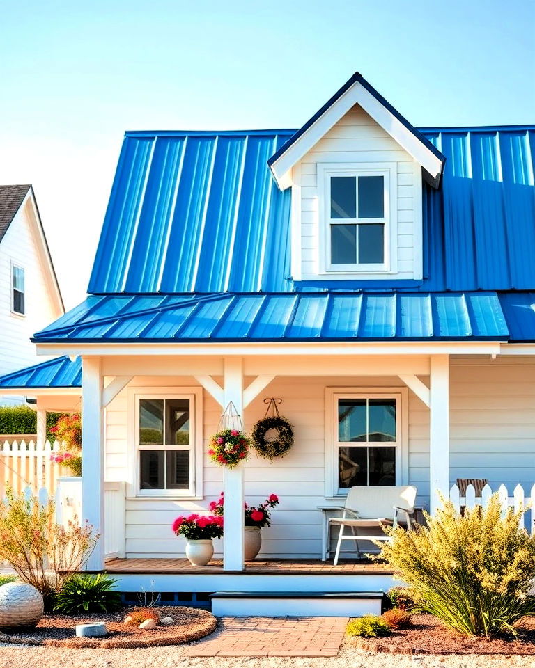 coastal cottage house with blue metal roof