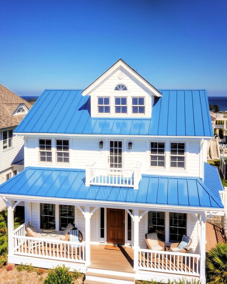 coastal house blue metal roof