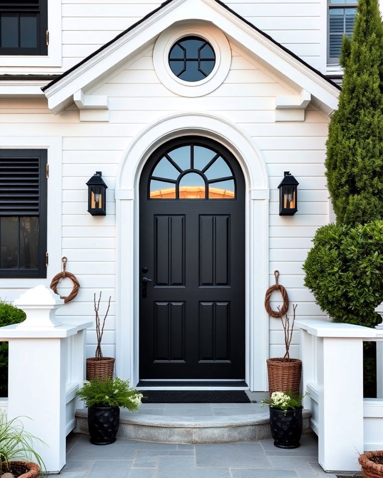 coastal industrial white house with a black metal door