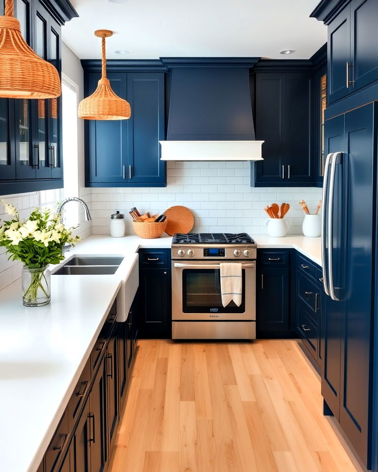 coastal inspired navy and white kitchen