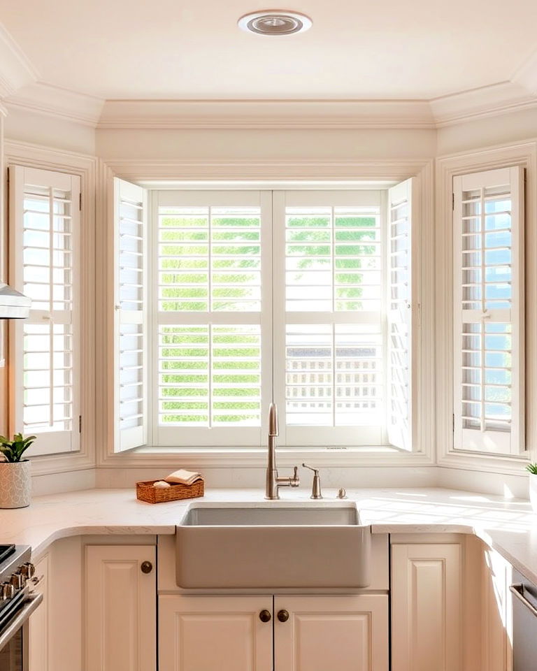 coastal style kitchen bay window with shutters