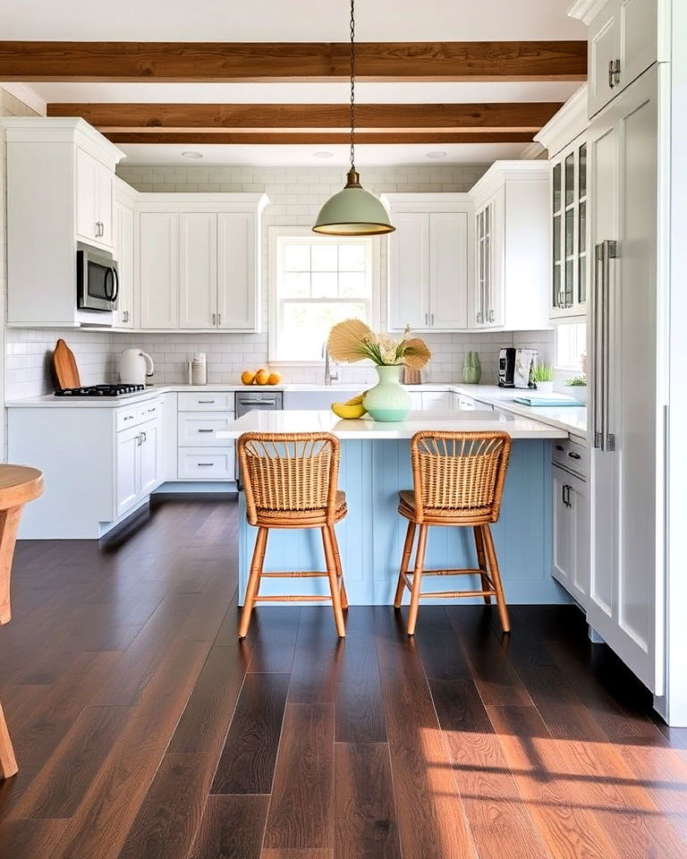 coastal style with dark wood floors and white cabinets