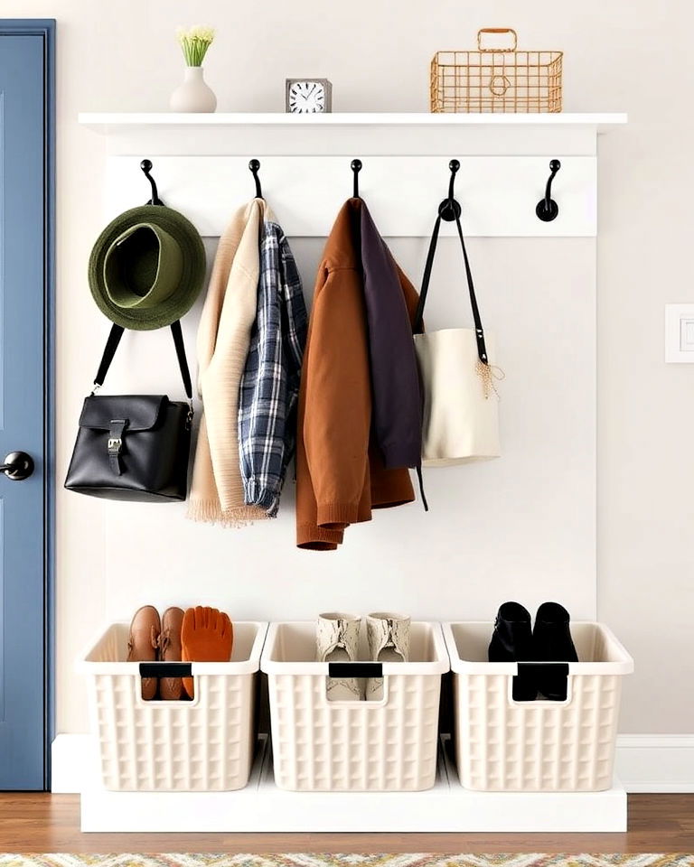 coat hooks with storage bins