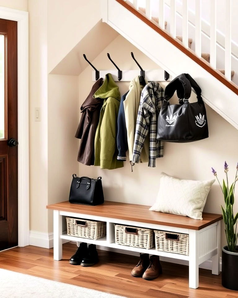coat rack and bench under stair area