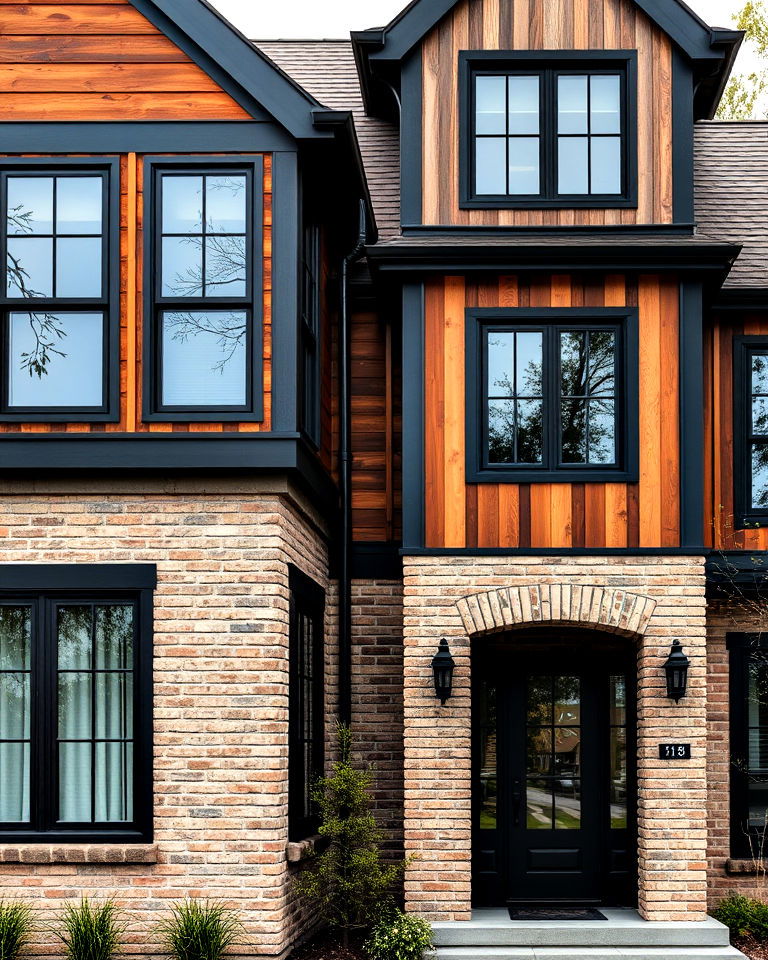 cohesive black windows in multi material home