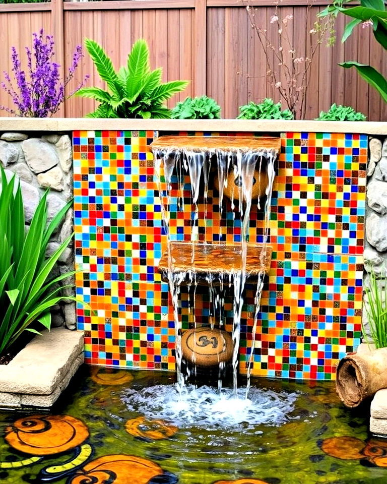 colorful statement with a mosaic tile waterfall