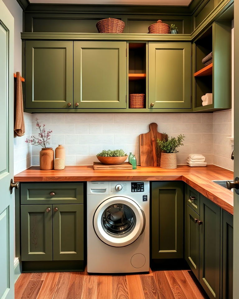 combine green with natural wood accents for laundry room