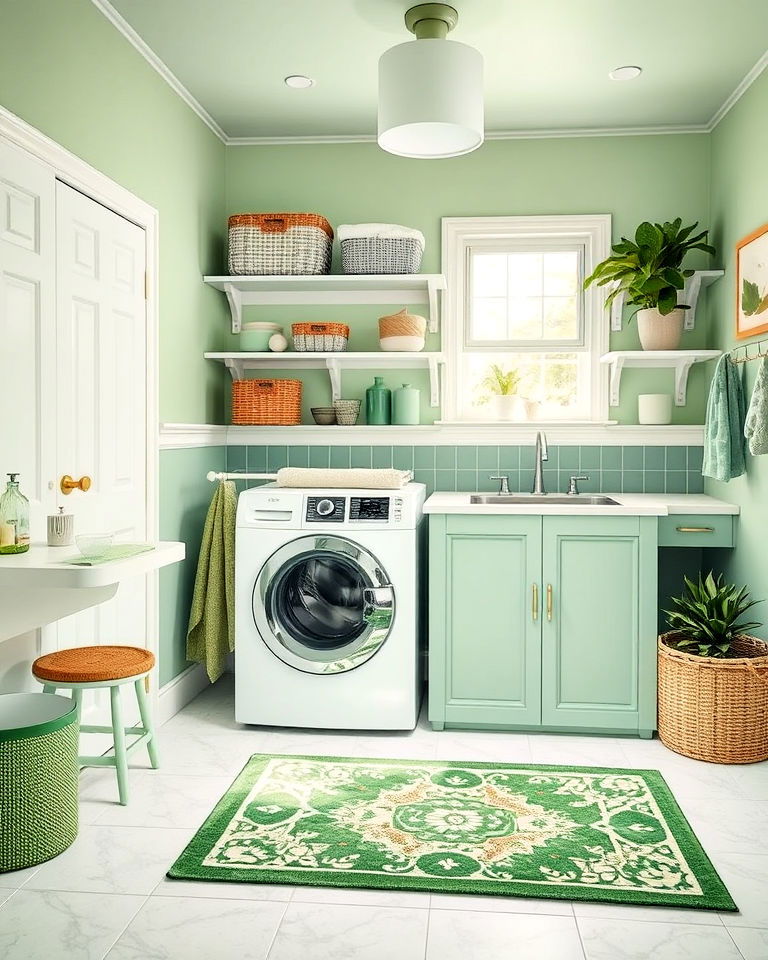 combine multiple shades of green laundry room