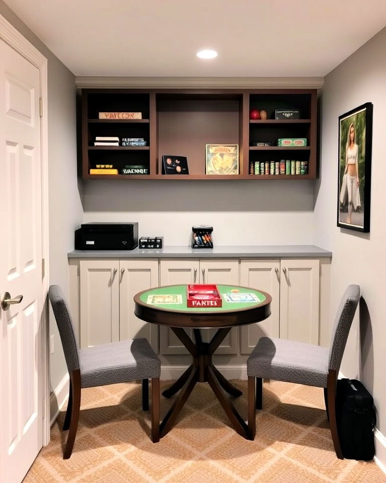 compact game room for basement