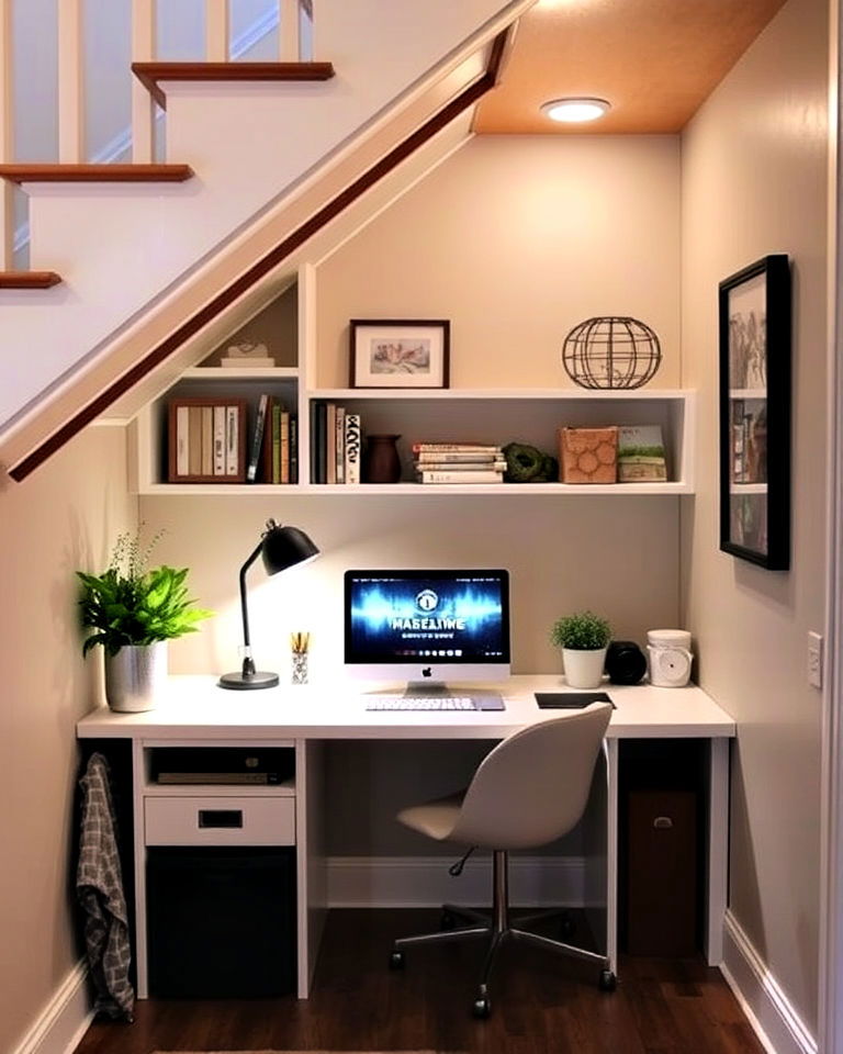 compact home office under stairs