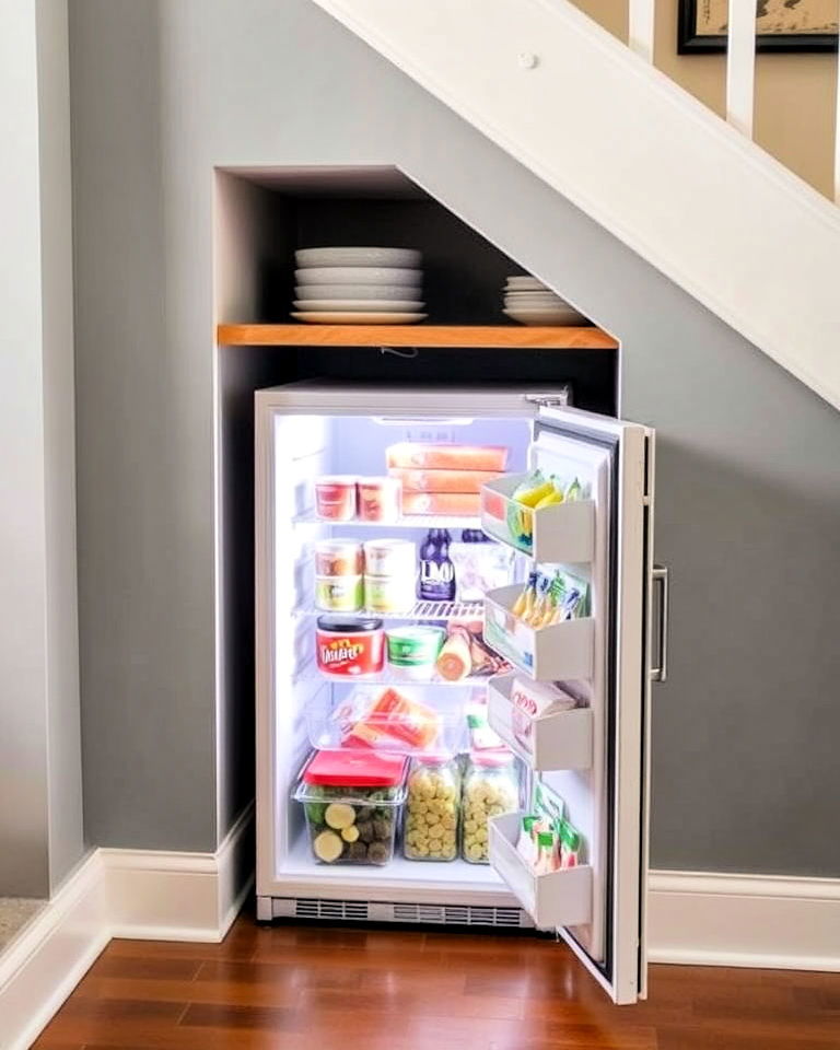 compact refrigerator under the stairs