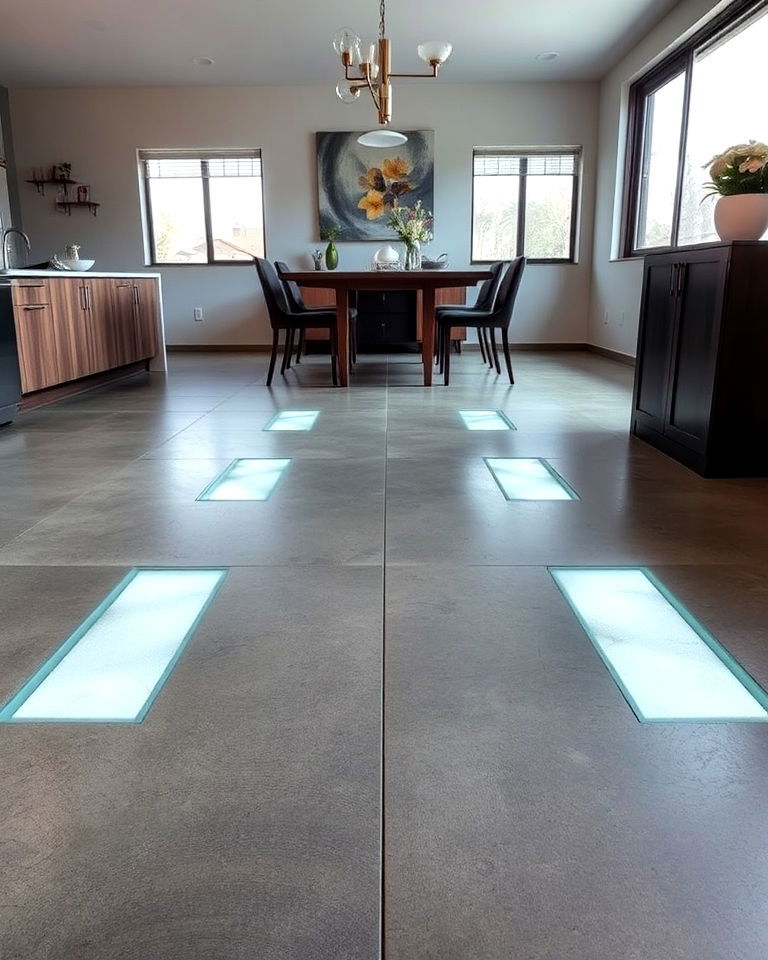concrete dining floor with frosted glass insets