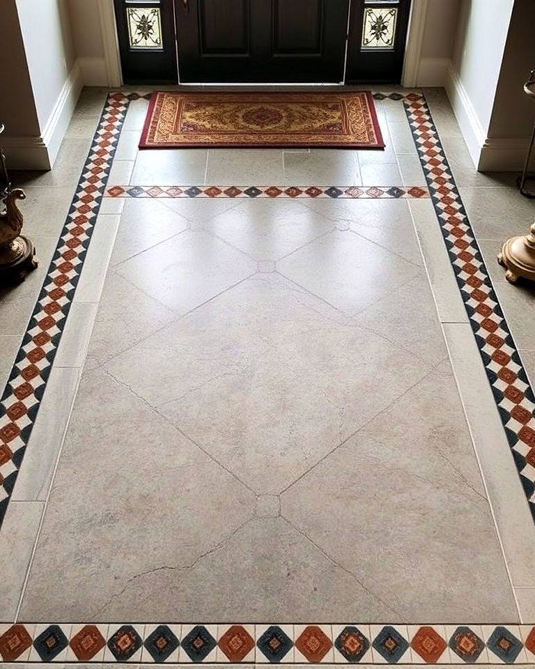 concrete entryway floor with inlaid tile borders