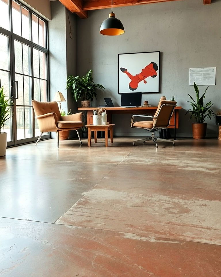 concrete home office floor with rustic acid wash