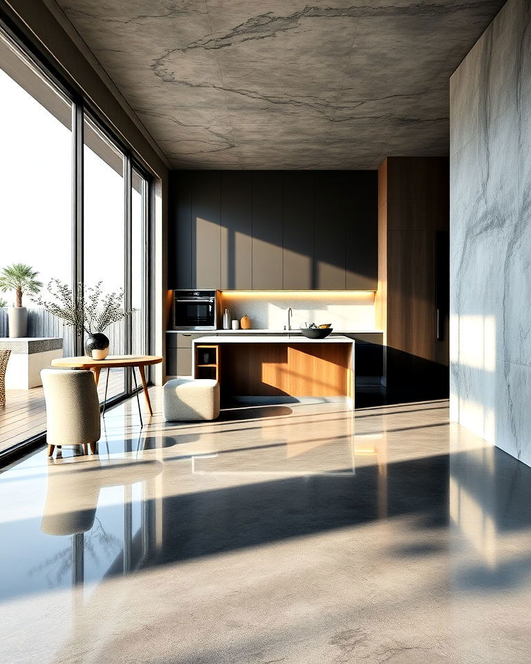 concrete kitchen floor with luxurious reflective finish