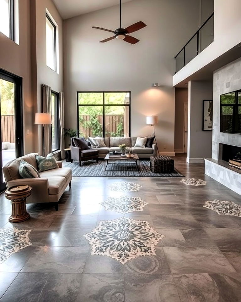 concrete living room floor with mosaic insets