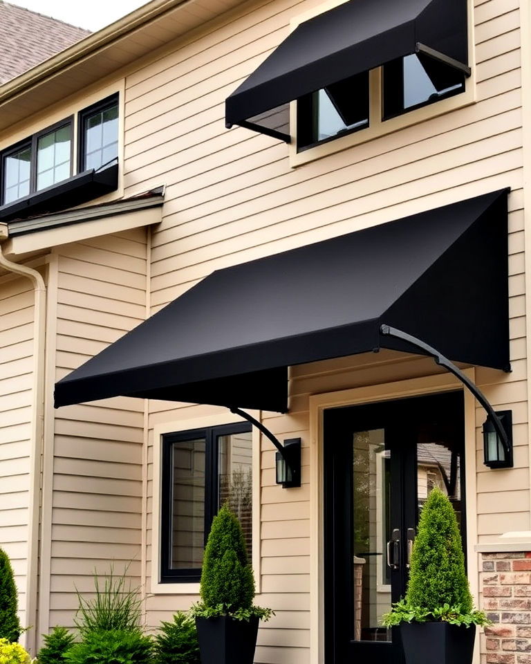 contemporary beige siding with black awnings
