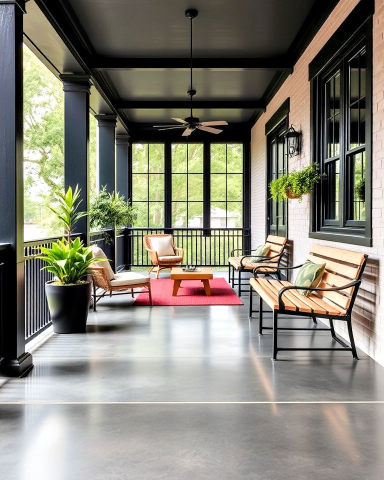 contemporary black porch with concrete flooring