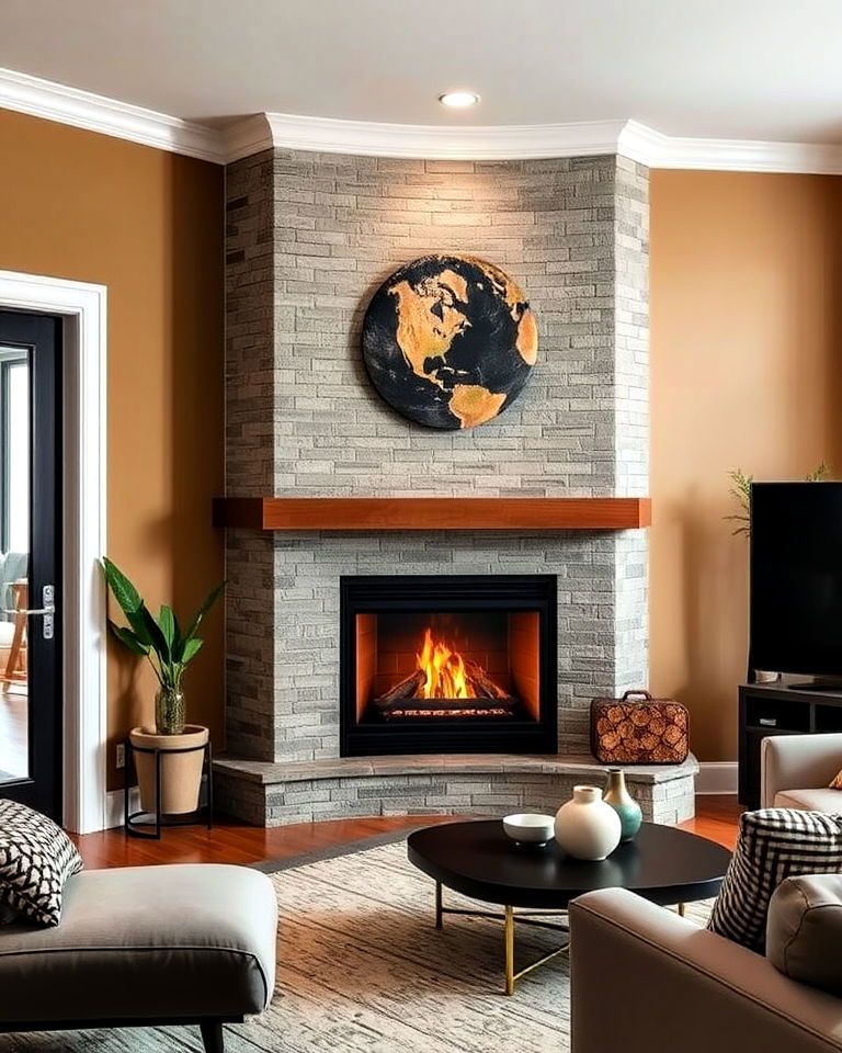 contemporary corner fireplace with accent wall