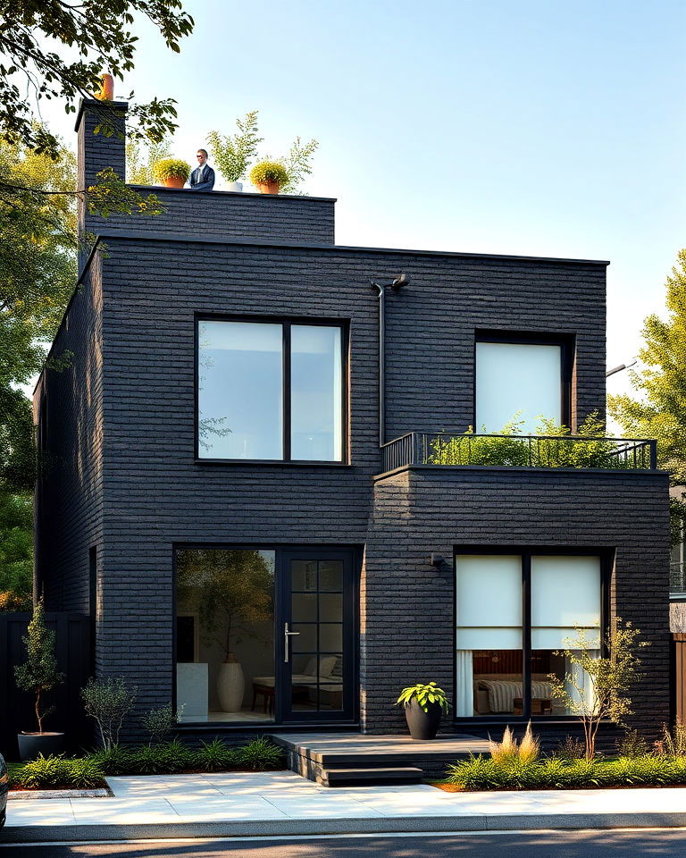 contemporary flat roof design black brick exterior house